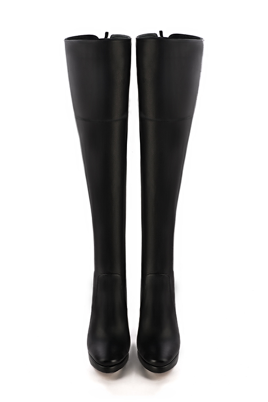 Satin black women's leather thigh-high boots. Round toe. Very high slim heel with a platform at the front. Made to measure. Top view - Florence KOOIJMAN